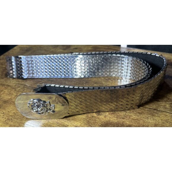 Accessories - Silver Elastic Fish Scale Belt w/ Rose Medallion Sz Large Vtg Retro Disco 45”